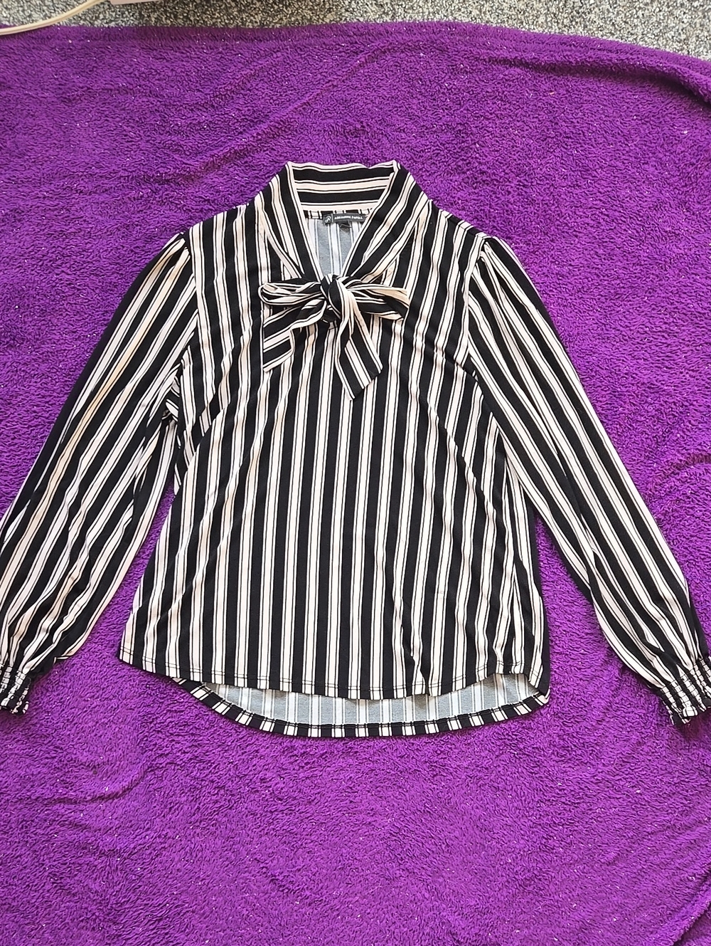Adrianna Papell Black and White Vertical Stripe Bow Blouse